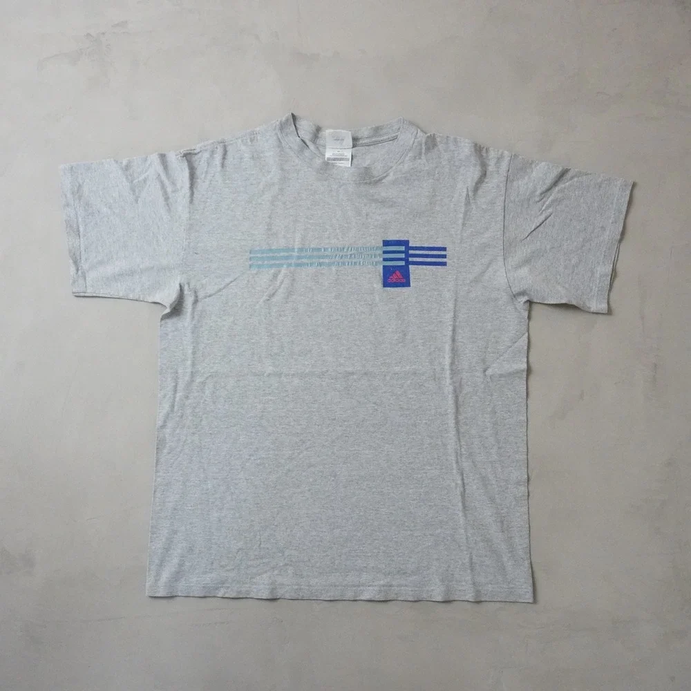 Vintage Adidas T-Shirt Large Mens 90s Gray Graphic 3 Stripe Geometric Sportswear